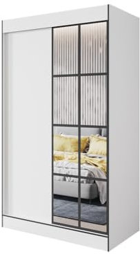 Easy4You S2 150 cm Weiß Schiebetüren Kleiderschrank 150x206x65 cm mit Spiegel - Schlafzimmermöbel, Aufbewahrung - Mehrzweckschrank