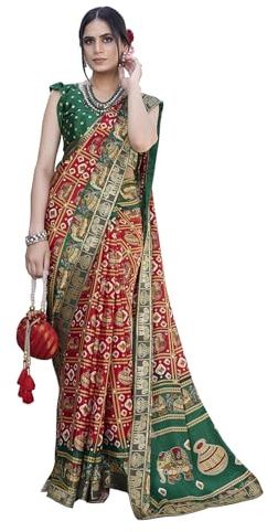 Yashika Women's Magludi Silk Saree Printed Saree With Unstitched Blouse Material - Suitable For All Indian Occasions and Festivals, Red Green, Free Size