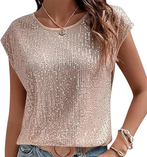 Onsoyours Top da Donna con Paillette Glitter Club Party Canotta Glitter Sexy Tunica Discoteca Sparkle Maglietta Elegante Estate Camicetta A Rosa Chiaro M