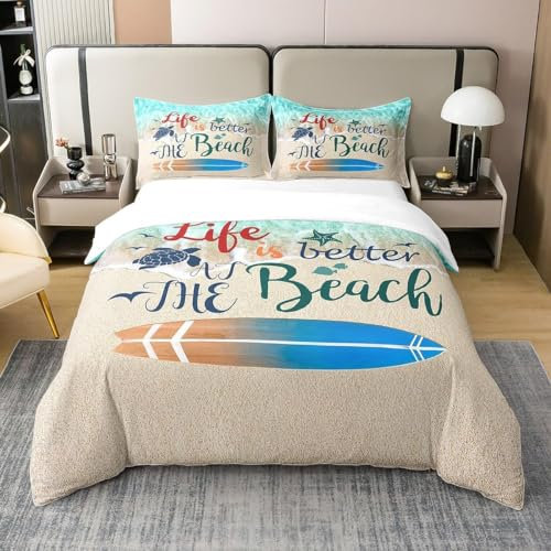 Surfen Bettwäsche 155x220 cm Weich Microfaser Bettwäsche-Sets Hawaii Bettbezug 3D Bettbezüge mit Reißverschluss und 2 Kissenbezug 80x80 cm, E3119