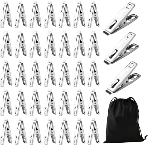 48Pcs Stainless Steel Laundry Clothes Pins Heavy Duty Outdoor, Metal Laundry Clips, Snack Bag Chip Clips, Metal Clothes Pegs for Washing Line, Washcloth, Socks, Pictures (48)