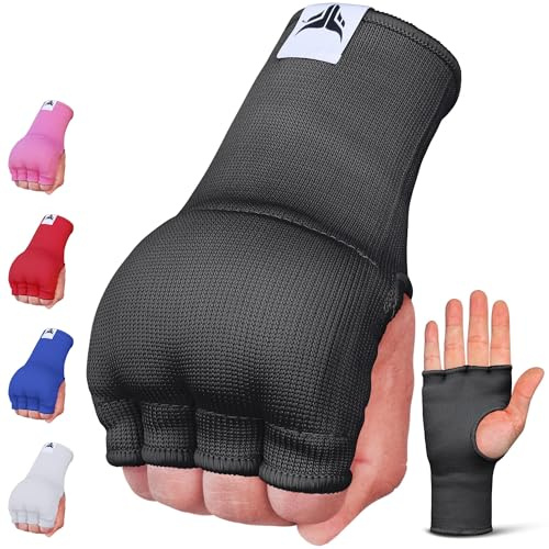 Mytra Fusion Gants intérieurs élastiques rapidement et faciles rembourrés en gel pour homme et femme, pour MMA, Muay Thai, kickboxing, frappe et arts martiaux (noir, S/M)