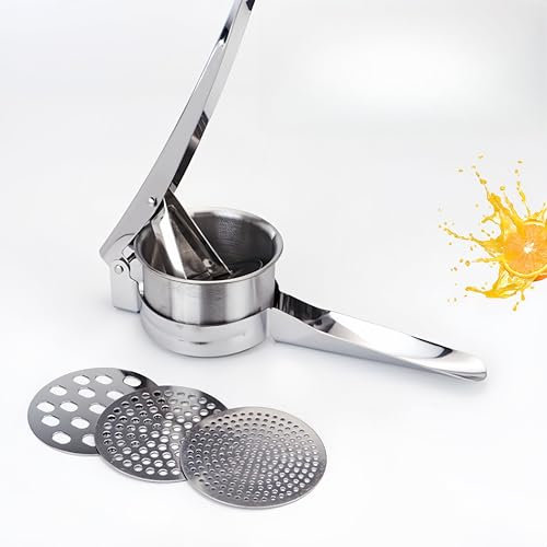 Food Grade Stainless Steel Potato Ricer With 3 Interchangeable Discs - Multifunctional Press for Mashed Potatoes, Fruit & Vegetable Puree