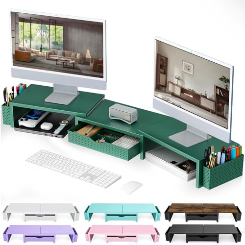 gianotter Dual Monitor Stand Riser, Desk Organizer With Drawer and 2 Pen Holders, Monitor Stand for Desk, Office Decor Essentials (Green)