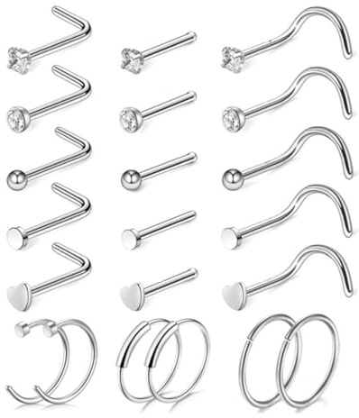 BNREOZA 21 Piezas Anillo Nasal Piercing Nariz Grapa, 316L Acero Quirúrgico CZ Anillo Nasal Piercing, Piercing Nariz Grapa, Mujeres Hombres, Plata