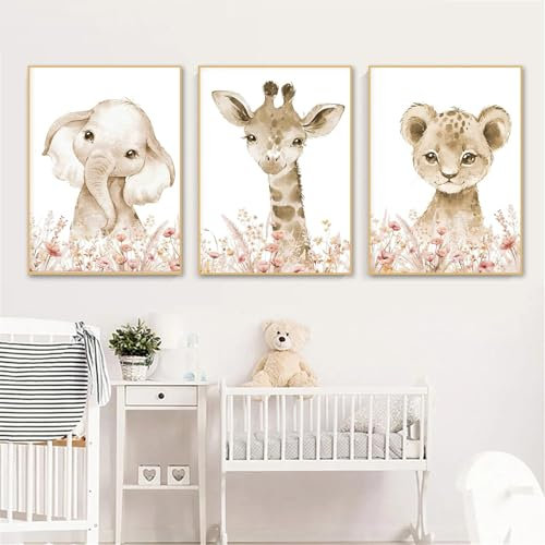 3er Poster Set Kinderzimmer, Waldtiere Bilder Babyzimmer Deko, Löwe Giraffe Elefant Wandbilder, Premium Leinwandbilder Kunstdruck Wandposter für Kinder Junge Mädchen, Ohne Rahmen (21*30 cm)