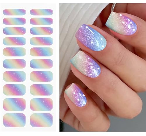 JMEOWIO Gel Nail Stickers Rainbow Glitter Semi Cured Gel Nail Strips Wraps UV/LED Nails Art Design Decoration Accessories