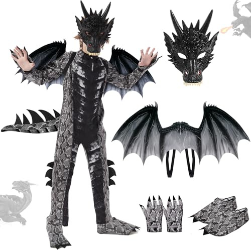 Ulikey Drachen Kinder Kostüm, Karneval Kostüm Jungen, Drachenkostüm Junge Set, mit Drachenflügel und Masken, Drachen Kostüm Jumpsuit, Drachenanzug Jungen Faschings Halloween Cosplay (Schwarz, M)