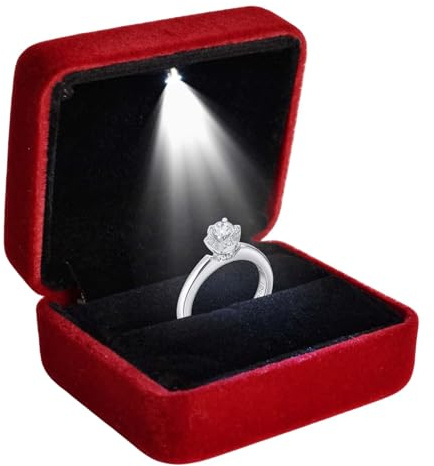 Boîte à Bague LED, Coffret Mariage avec Éclairage Intérieur, Ecrin Ring Box pour Fiançailles et Proposition (Rouge Bourgogne)