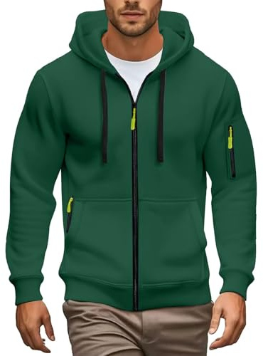 Felpa con cappuccio da uomo con zip e tasca a maniche lunghe, con risvolto, in pile, vestibilità aderente, casual