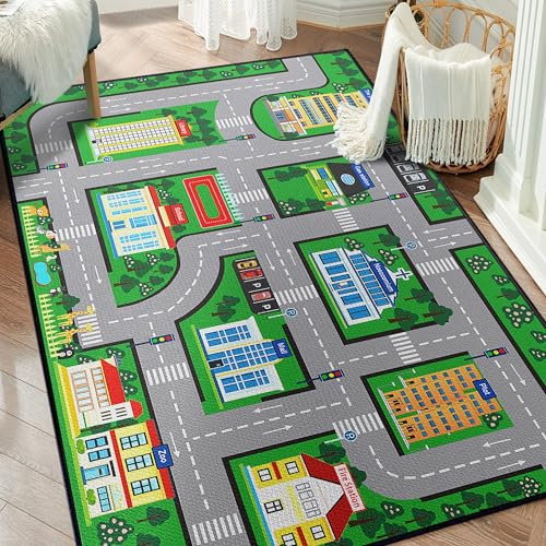 Isyorefam Kids Car Rug Play Mat 3x4, Car Playmat for Boys Playroom Bedroom, Educational City Road Traffic Carpet for Kids Toy Cars Non-Slip Washable