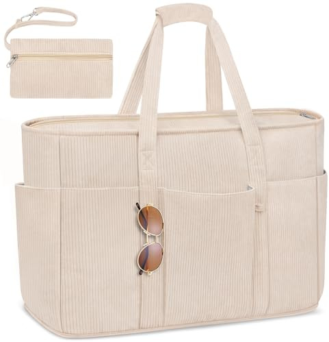 TEUEN Große Strandtasche mit Reißverschluss, 45L Tote Bag XXL Familie aus Kord Beach Bag Badetasche Shopper Damen für Strand Reisen Einkaufen Fitnessstudio Alltag