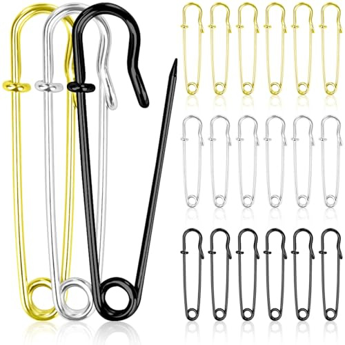 JAXICREY 18 Stück Sicherheitsnadeln Groß, 90 mm Metall Sicherheitsnadel Große Sicherheitsnadeln Kiltnadel Large Safety Pins for Cardigan Dekorative Gegenstände Leinwand Decken (Silber Schwarz Gold)