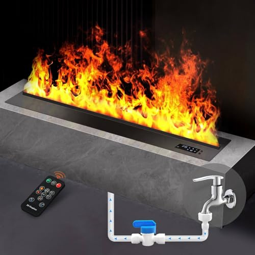 Chimenea eléctrica con control por aplicación, efecto de humo de vapor de agua, control remoto, diseño moderno de acero inoxidable para sala de estar, dormitorio, cocina, oficina, bar
