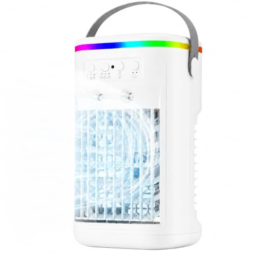 Mini Aire Acondicionado Portátil Silencioso, Enfriador de Aire con Mando, 3 Velocidades y 2 Modos de Nebulización, Temporizador 1-4H, 7 Luces LED, Ventilador de Aire Frío para Dormitorio Oficina