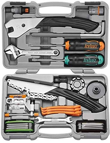 IceToolz Ultimate Tool Kit | Bicycle Repair Kit with Crank Arm Remover, Pedal Wrench, Spoke Wrench, Bottom Bracket Tool, Chain Whip & Glueless Patch Set | Grey
