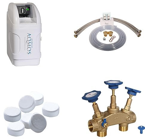 Aqmos BM-32 Wasserenthärtungsanlage im Set mit Montageblock und 100kg Regeneriesalztabletten | Entkalkungsanlage für Haushalte bis zu 3 Personen | Entkalkungsanlage, Antikalkanlage für weiches Wasser