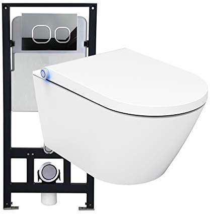 BERNSTEIN - Pack WC japonais + Bâti-support plaque Blanc mat, Toilettes suspendu lavant Cuvette céramique brillant, jet douche, Abattant LED, Chasse Vortex 180° - 59x38x38cm - Basic 1102