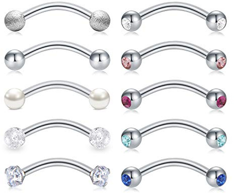 AceFun Acciaio Chirurgico 16G 1.2mm*8mm Curved Barbell Piercing Sopracciglia Rook Ombelico Anello Helix Trago Daith Orecchio Piercing 10Pcs Argento