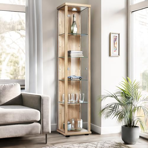 K-Möbel glasvitrin i bok (176x37x33 cm) med 4 justerbara glashyllor, LED - modellbilvitrin bok - vitrinskåp - samlarvitrin - vardagsrumsskåp hylla glas skåp glastorn