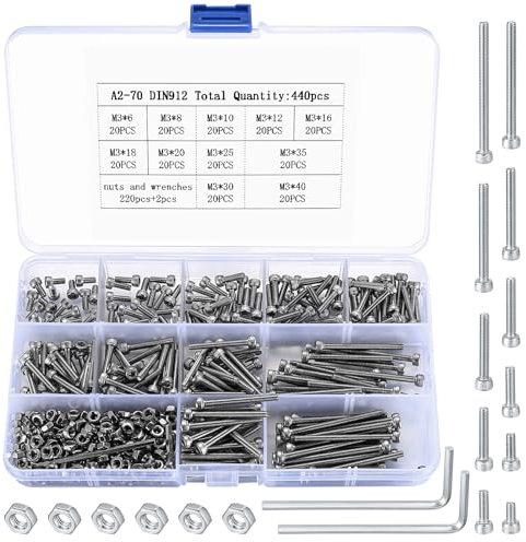 440 Stück M3 Schraubensatz, Edelstahl Sechskantschrauben mit Muttern und Unterlegscheiben, Schrauben Muttern und Unterlegscheiben Sortiment, Sechskantschrauben-Satz mit 2 Stück Schraubenschlüsseln