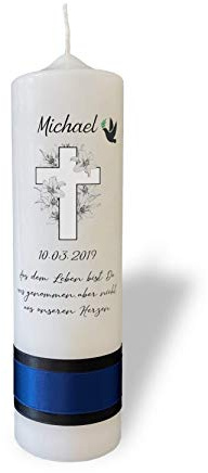 Trauerkerze mit Kreuz und Lilien