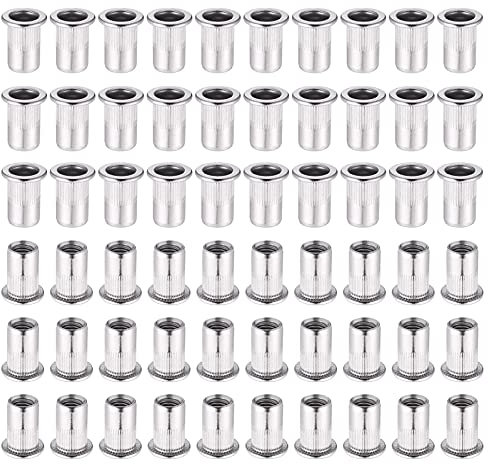 Hejo 60 Pièces 304 Ecrou a Sertir M6 en Acier Inoxydable Tête Plate Ecrou Aveugle Rivet Fileté Ecrou a Rivet pour pince à insert fileté Silver