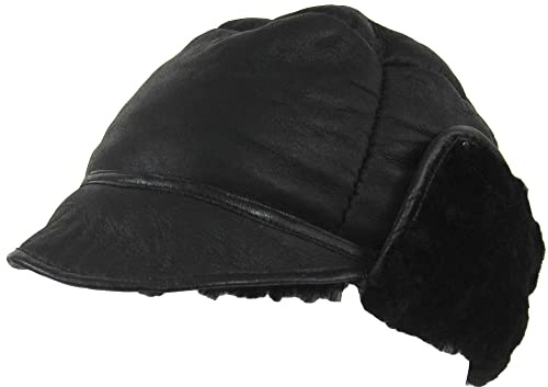 SNUGRUGS Herr svart äkta fårskinn knoppfångarhatt. Läderbunden med enkel topppanel., Svart, L
