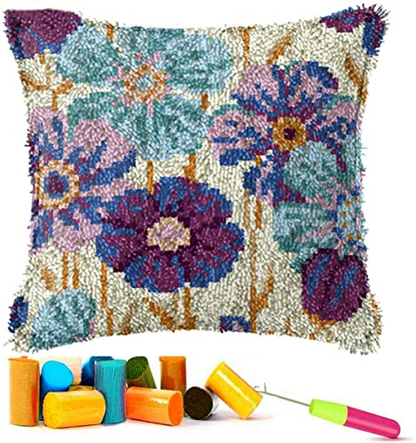 EMISTEM Latch Hook Kits for Adults, Crochet Yarn Pillow Kit for Beginners, DIY Needlework Crafts Cover Case with Printed Canvas, Gift Packaging. (Daisy Flower,17x17 inch)