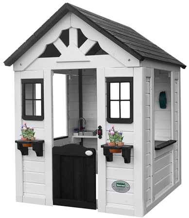Backyard Discovery Sweetwater White Cedar Wooden Kids Playhouse Cottage with Play Kitchen, Snack Bar, Half Door, Toy Phone, Windows, Flowerpot Holders, Working Doorbell for Outdoor Imaginative Play