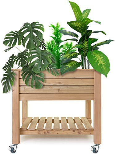 Holzfee Pflanzkasten Hoch Primus 90 x 58 x 75 (83) cm | Hochbeet Tisch-Pflanzkasten mit Doppel-Rollen | Lärche Massive Qualität