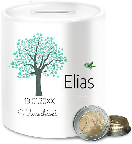 Spardose - Lebensbaum Geschenk Taufe mit Name personalisiert I Geburt I Kommunion Datum Geschenk - Unisize - Weiß - geldgeschenke verpackung Geschenke firmung konfirmation zur spardosen mädchen