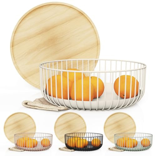 LIBKEN Cesta de frutas para cocina, cesta apilable multiusos con tapa de madera, metal con recubrimiento en polvo y madera de goma, cestas de alambre para organizar, diseño mínimo, 4.5 x 11.4 x 11.4