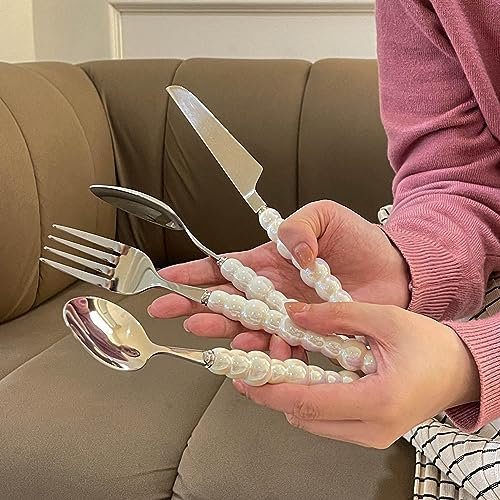 4pcs/Set Luxury Stainless Steel Ceramic Handle Steak Knife Fork Spoon Dessert Spoon Tableware Set Dinnerware Set Cutlery Set (4pcs White Pearl)