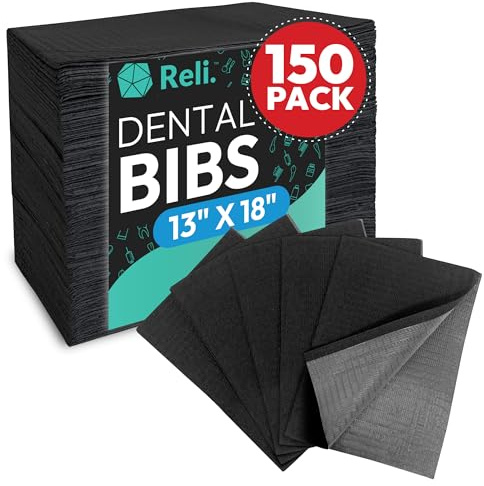 Reli. Black Dental Bibs (150 Pack) | 13x18 Dental Bibs Disposable for Patients, Dentists | 3-Ply Waterproof, Disposable Sheets for Medical Tray Cover, Nail Mat, Tattoo Shop