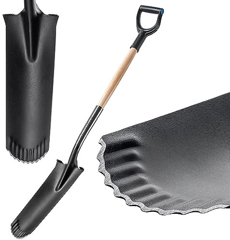KADAX Drainierspaten, Spitze Schaufel mit D-Griff und Stiel, leichte Drainageschaufel mit Zinken, Ergonomischer Gartenspaten, Kanalspatens zum Löchergraben (124x14cm)