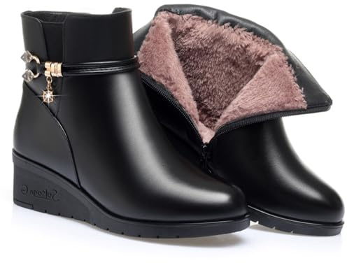 AngryMonkey Women's Black Wedge Heel Ankle Booties Soft Leather Platform Side Zipper Sparkling Rhinestones Winter Warm Fur Lined Thickening Snow Boot (Black A,9,9,Women)