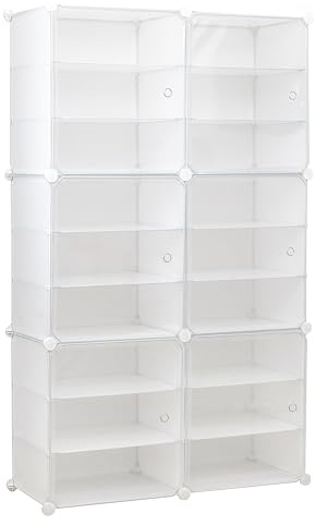 Loywe Schuhaufbewahrung, Stapelbar Schuhboxen mit 6 Fächern, Aufbewahrungsbox mit Tür, Kunststoff Stiefelbox, 45x40x30 cm pro Schuhkarton, Weiß LWA194