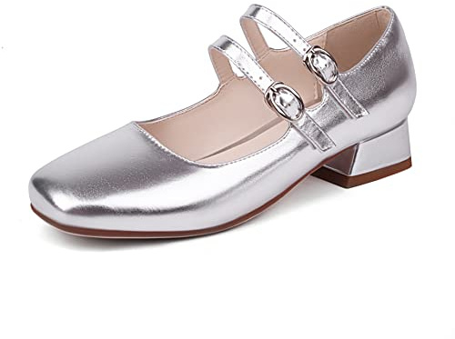elerhythm - Chaussures Mary Jane à bout carré fermé pour femme avec double bride à la cheville - Plates à talon bas épais, argenté, 41 EU
