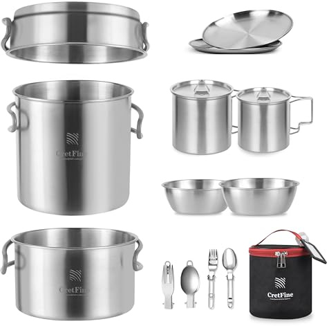 CretFine Camping-Töpfe und Pfannen-Set aus Edelstahl Mess Kit mit Camping-Geschirr 15-teilig für EIN oder Zwei Camp-Pfannen-Set Topf-Set Überlebens-Kochgeschirr für Reisen, Camping.