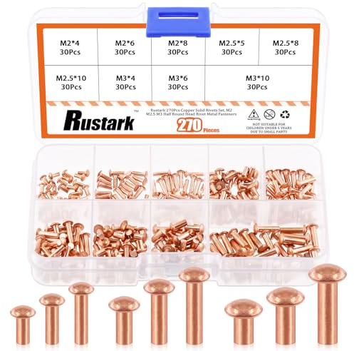 Rustark Assortiment de 270 rivets M2 M2,5 M3 en cuivre massif à tête ronde pour applications électriques travaux manuels réparation travail du cuir