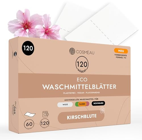 Cosmeau Waschmittel Blätter Kirschblüte - bis zu 120 Waschgänge (120 Blätter) - Nachhaltiges Waschmittel für Weiß, Farbe und Schwarz - Plastikfrei, Abbaubar & Perfektes Reisewaschmittel