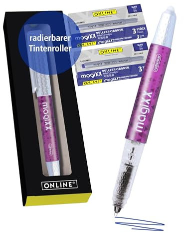 Online magiXX radierbarer Tintenroller Lila mit Tintenpatronen I Rollerball mit 0,7mm Strichstärke I inkl. 7x Patrone blau I radierbarer Stift