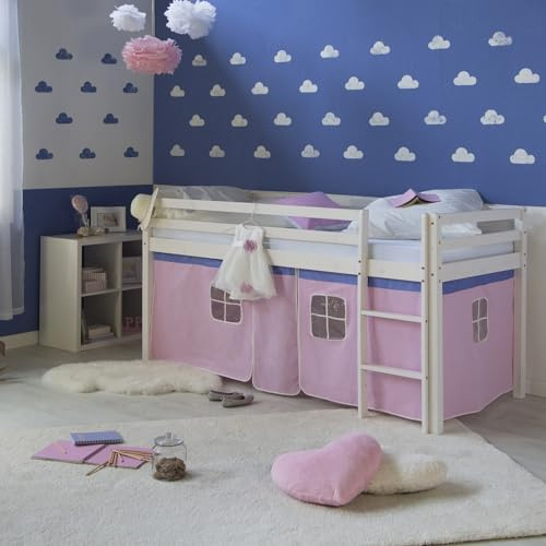 Homestyle4u Kinderhochbett 90x200 - Kiefer Weiß - Hochbett mit Rutsche | Inklusive Matratze, Lattenrost und rosa Vorhang - stabiles Massivholz - Leiter beidseitig montierbar - Bett für Kinder