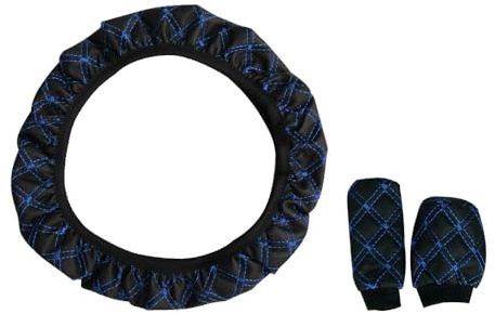 TOEECY Auto Leder Lenkradbezug Sport Bestickte 3 Stück Handbremse & Getriebe Abdeckung Set Universal Größe 37-38 cm Lenkradschoner Autozubehör Innenraum Blau