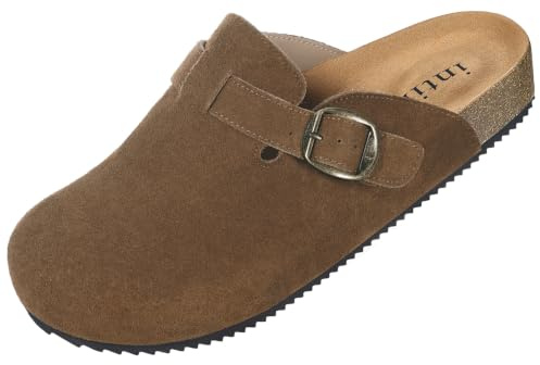 Zuecos y Mules para Hombre Mujer Pantuflas de Piel con Corcho Cerradas Zapatillas de Jardín Sandalias con Hebilla Ajustables Cómoda Marrón Rojizo 39