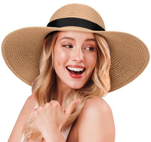 flintronic Moderner Sommerhut für Frauen, Breite Krempe Sonnenhut, Outdoor Sommer Wanderhut UV-Schutz, Faltbar Sonnenhut UPF50+, Strohhut, Strandkappe, Khaki