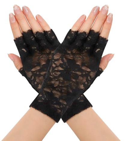 DAJISI Fingerlose Handschuhe, Spitzenhandschuhe Schwarz Fingerlose Damen Kurze Blume Netzhandschuhe Schwarz Spitzen Handschuhe für Teeparty Opernhaus Hochzeitsparty