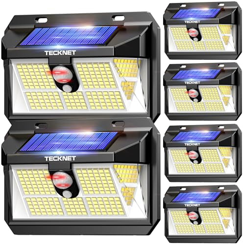 TECKNET Luz Solar Exterior, 236 LED/300° Iluminación (Ilumina 35㎡) Brillo Alto Luces Solares con Sensor de Movimiento, 3 Modes IP65 Impermeable Focos Led Solares para Jardín, Garaje, Patio, 6 Paquete