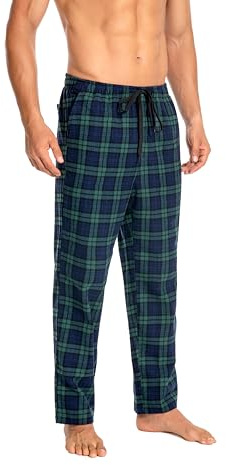 Cyathea Schlafanzughose Herren 100% Baumwolle Flannel Pyjamahose Kariert Loungehose mit Taschen Nachtwäsche Unterteil Schlafhose Weich für Männer Verstellbaren Tunnelzugbund Grün KariertXL
